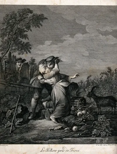 A man forces an unwelcome kiss on a girl, while being watched from over the fence