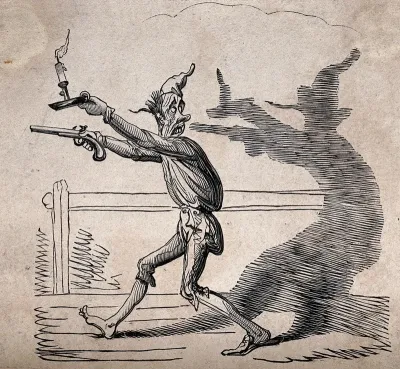 A man frightened by his own shadow