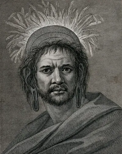 A man from Easter island (Rapa Nui), with elongated ears, encountered by Captain Cook on his second voyage, 1772-1775