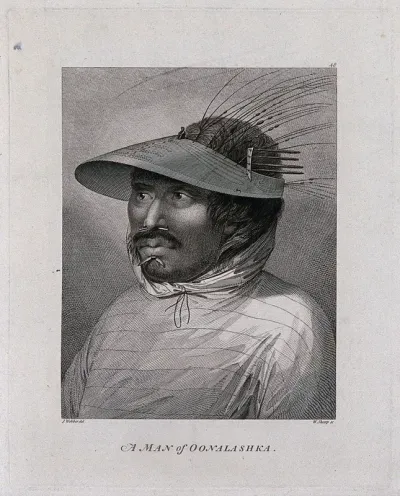 A man from Unalaska Island, Alaska, head and shoulders; encountered by Captain Cook on his third voyage (1777-1780)