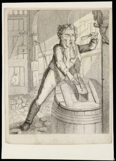 A man goes into a barn and opens a rat trap; a rat jumps put and bites him on the chin