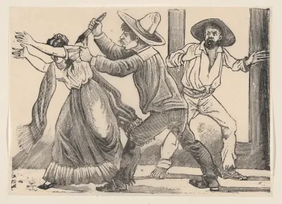 A man grabbing a woman by her sleeve and stabbing her, from a broadside entitled 'The murder of Leandra Martinez by her brother, Manuel'