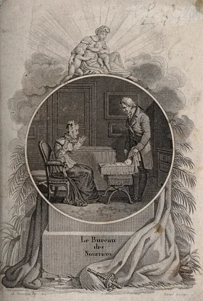 A man (Guillaume le franc-parleur) showing his wife a newborn baby: she is torn between outrage at her husband's supposed infidelity and love for the baby