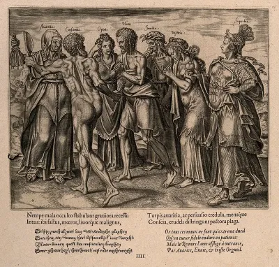 A man harrassed by personifications of greed, guilt, credulity, jealousy, sadness and pride
