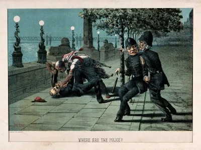 A man has been knocked to the ground and is being beaten by a man wearing a long gown and a turban, the police nearby seem reluctant to intervene