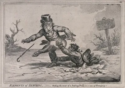 A man has fallen through ice into a river: he is clutching at the leg of his companion in an attempt to rescue himself