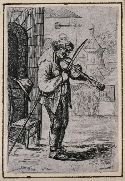 A man has left his hat and stick resting on a chair as he stands to play his violin in the market place