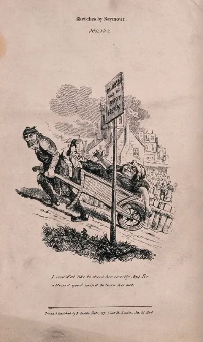 A man has to carry his overweight wife in a wheelbarrow up a steep hill to the amusement of onlookers: he compares her to rubbish