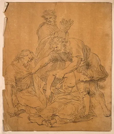 A man helps two people, one of them a surgeon, suffering from plague