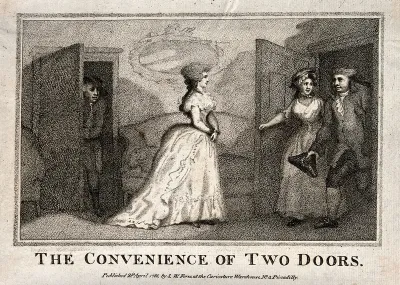 A man hides behind one door as the young woman he has been with moves to greet a newly-arrived couple, appearing through another door