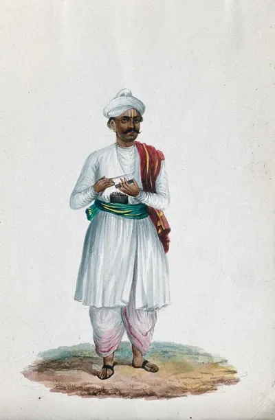 A man holding a barber's knife (?), with a red cloth draped over his left shoulder