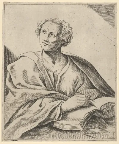 A man holding a book, about to write in it, looking upwards to the left