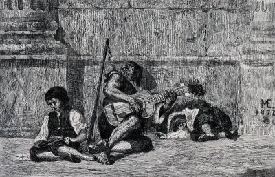A man holding a guitar is leaning against a wall, two children are lying asleep on the ground beside him