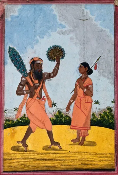 A man holding a peacock feather and a gold fan, with a woman holding a spear