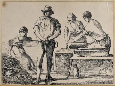 A man holding a spade; two men cutting slates