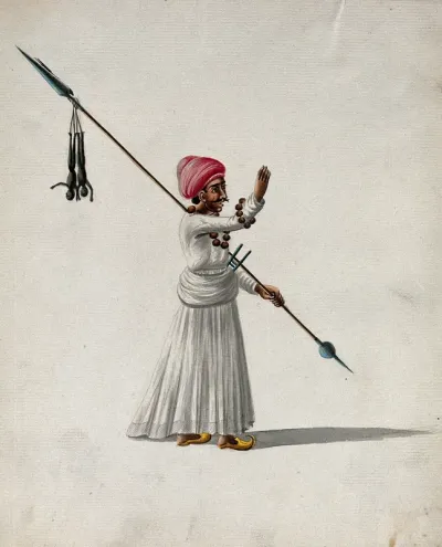 A man holding a spear with two puppets (?) hanging from one end, calls out to someone