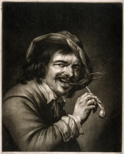 A man holding a tobacco pipe and blowing a smoke ring