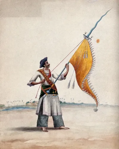 A man holding an elaborate pennant on a wavy pikestaff