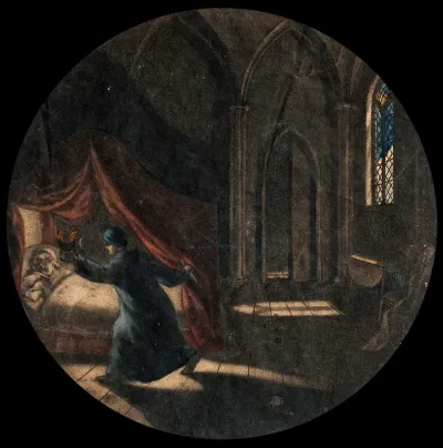 A man holding an oil lamp and a dagger is standing next to a woman asleep in a canopied bed; Gothic window in the background
