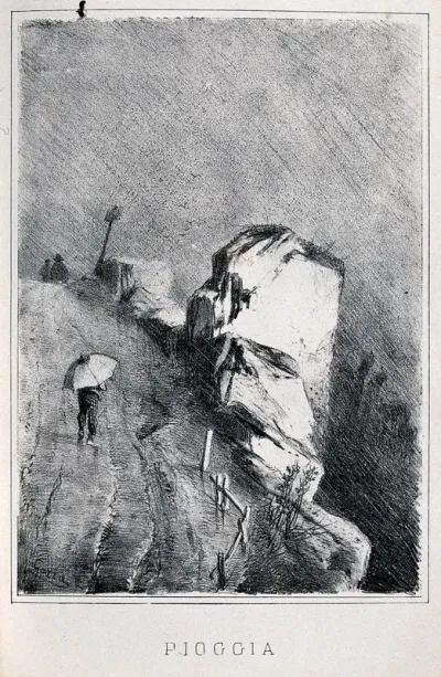 A man holding an umbrella is walking up a road in the rain