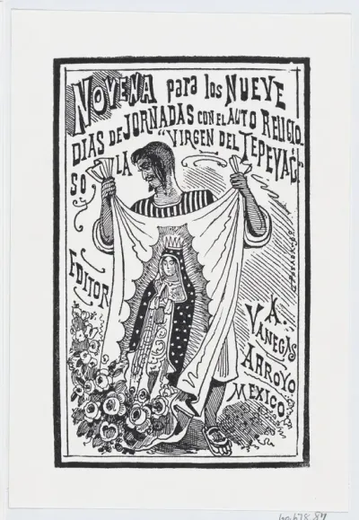 A man holding up a piece of fabric with an image of the Virgin, illustration for 'Novena para los nueve dias de jornadas con el auto religioso la Virgin de Tepayac'