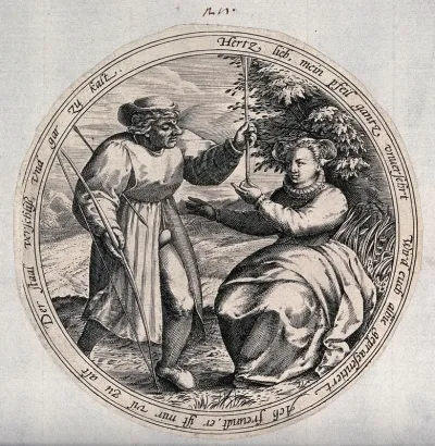 A man holds a bow and arrow: a woman tests the sharpness of the point of the arrow