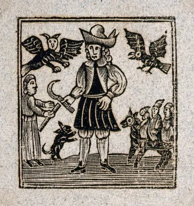 A man holds a scythe as winged creatures fly above him, three figures approach on a horse, and another figure approaches from the left with a scroll