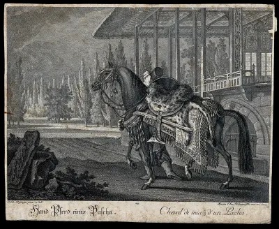 A man in a fez is leading a richly decorated horse past an ornamental balcony towards a landscaped garden