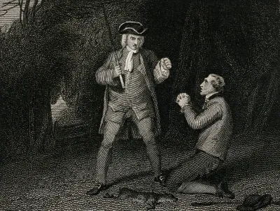 A man in a hat and carrying a stick reprimands a man who is on his knees in front of him