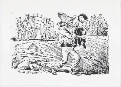 A man in a hat kidnapping a child from a broadside entitled 'Los roba-chicos en acción'