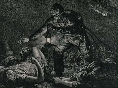 A man in a mine, using safety apparatus invented by Auguste Denayrouze, finds asphyxiated miners