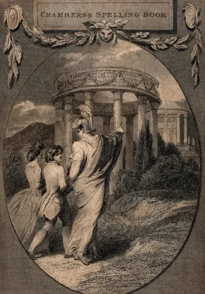 A man in a Roman helmet (or Minerva?) leads two children up a hill towards two temples; representing the learning of words and spelling