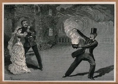 A man in a soldier's uniform and a woman in a bridal gown are recoiling from a man in a top hat and evening dress who is making fire come from a small container in his hands