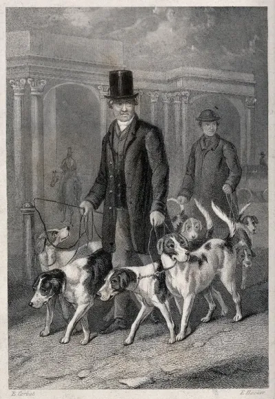 A man in a top hat walking his dogs