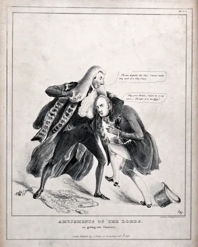 A man in a wig has his arm around another man's throat