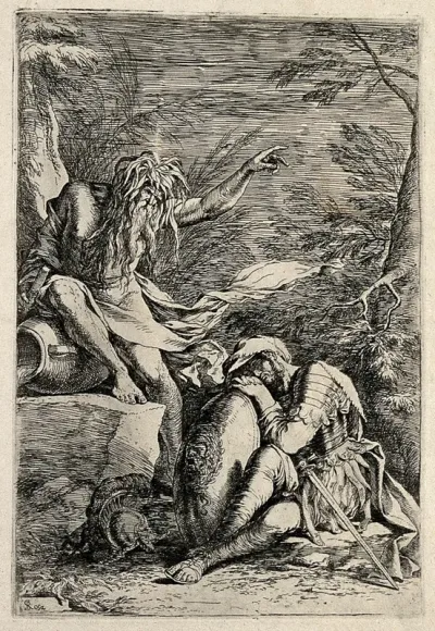 A man in ancient costume is sitting asleep in a wilderness near a Roman river god who points into the distance; representing the dream of Aeneas
