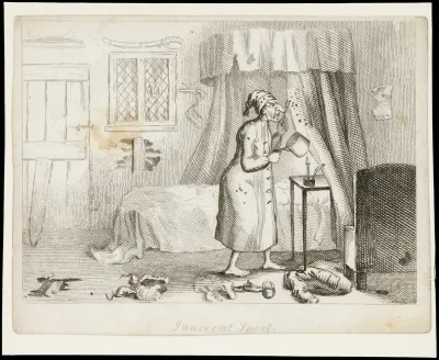 A man in bedclothes prising insects (?) off his bed-curtains with a fork into a saucepan