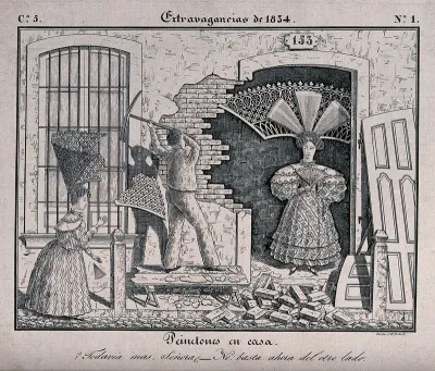 A man in Buenos Aires is knocking down the wall of a house so that a woman wearing a very large head dress can get out