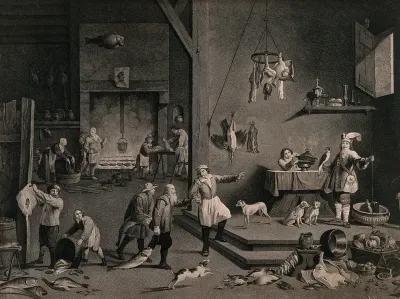 A man in cap and apron is showing another man pulling a fish behind him, towards a table on a platform; more fish, vegetables and game are being dealt with by other people