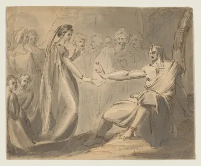 A man in chains converses with a woman