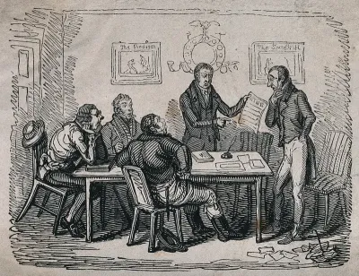 A man in his office is confronted by an innkeepr who presents him with a wine bill, in the presence of other men