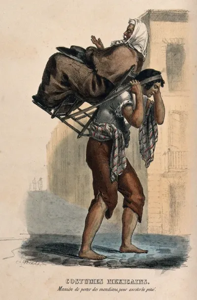 A man in Mexico is carrying a blind old man in a chair on his back in order to attract alms