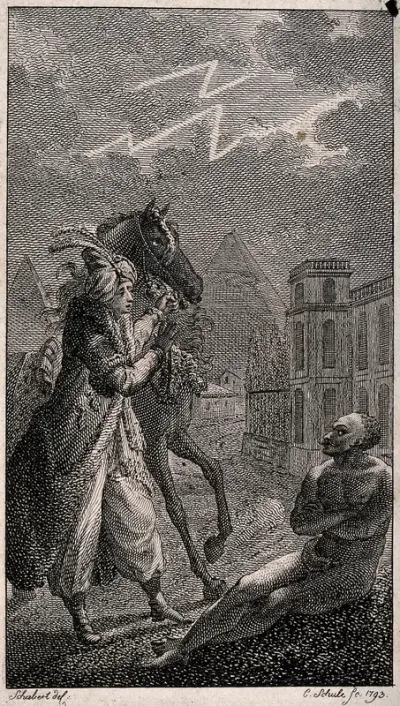 A man in oriental clothing is leading a horse which is shying away from a semi-naked man who is sitting by the side of the road