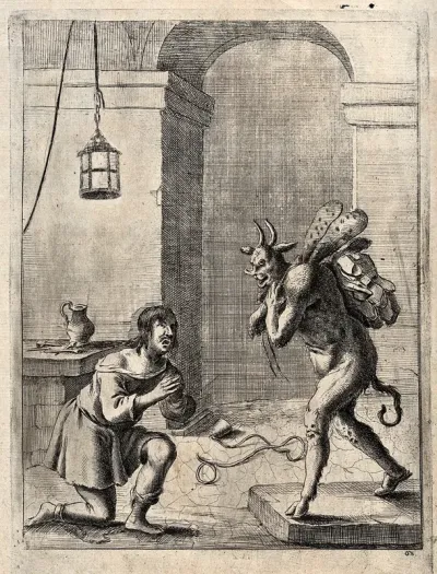 A man in prison praying to the devil to have him released