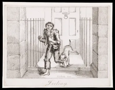 A man in ragged clothes being bitten by a guard dog at the entrance to a town house; representing the sense of touch