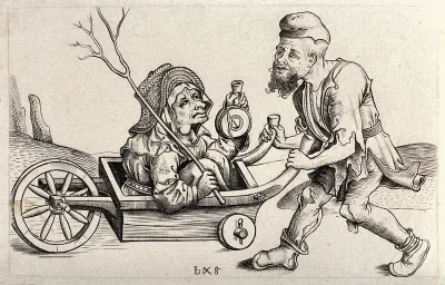 A man in ragged clothes pushing a woman sitting in a wheelbarrow