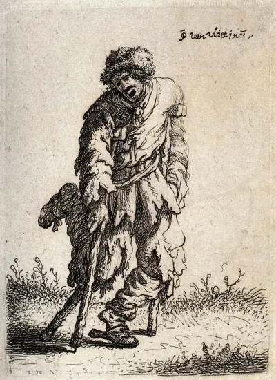 A man in ragged clothes walking with two crutches and a wooden leg