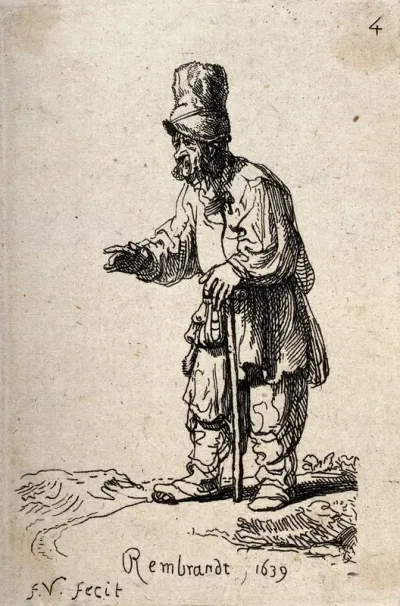 A man in ragged clothes with a walking stick