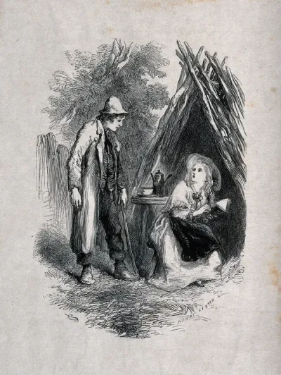A man in ragged clothing has come upon a woman sitting inside a shelter made of sticks, reading a book: she looks startled as he approaches