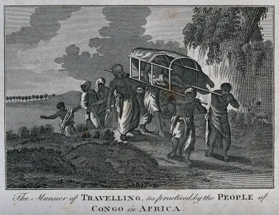 A man in the Congo is being carried in a litter by four other men travelling in a party